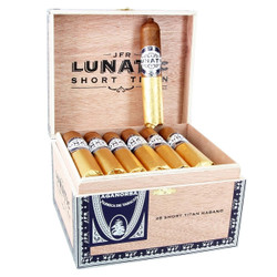 Casa Fernandez JFR Lunatic Habano Short Titan Cigars 28Ct. Box, wooden box open displaying multiple short Titan Habano cigars with golden wrappers and branded rings, inside a light-colored wooden box with branded interior and exterior. Casa Fernandez JFR Lunatic Habano Short Titan Cigars 28Ct. Box, wooden box open displaying multiple short Titan Habano cigars with golden wrappers and branded rings, inside a light-colored wooden box with branded interior and exterior.