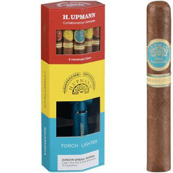 Altadis H. Upmann Cigars Collaboration Gift Set With Torch Lighter, box containing 9 handmade cigars with colorful packaging and a blue torch lighter included, alongside a single H. Upmann cigar standing upright.