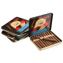 Tatiana Mini Tins Rum Cigars 5 Tins of 10, open tin displaying rum cigars inside with colorful exterior packaging.