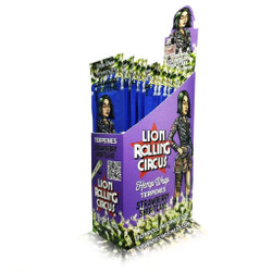 Lion Rolling Circus Hemp Wraps Terpene Infused Strawberry Shortcake, purple display box showcasing multiple hemp wraps with branding and artwork of a woman with dark hair in leather jacket.