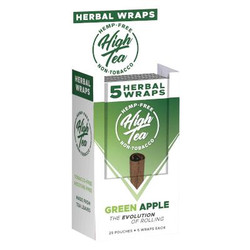 High Tea Wraps Juicy Green Apple 25/5 Ct, herbal wraps box with green and white design featuring a green apple flavor and herbal wrap illustrations.