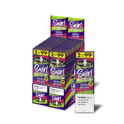Swedish Match White Owl Cigarillos Swirl Triple Grape, display of 30 pouches of 2 cigars each, in purple, green, and yellow packaging. Swedish Match White Owl Cigarillos Swirl Triple Grape, display of 30 pouches of 2 cigars each, in purple, green, and yellow packaging.