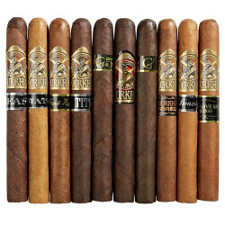 Gurkha 10-Count Churchill Cigars Sampler, a collection of ten premium cigars with varying shades and band designs, displayed in a row. Gurkha 10-Count Churchill Cigars Sampler, a collection of ten premium cigars with varying shades and band designs, displayed in a row.