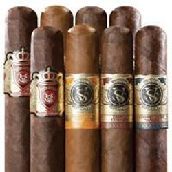 Victor Sinclair Flight Cigars Sampler 8Ct, assortment of cigar sticks in various shades of brown with decorative bands featuring gold and red accents.