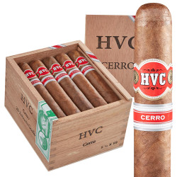 HVC Cerro Natural Robusto Gordo Cigars 20Ct. Box, image showing a wooden cigar box partially open with five cigars inside and the cigars also displayed outside the box, featuring red and white labels with the HVC Cerro logo. HVC Cerro Natural Robusto Gordo Cigars 20Ct. Box, image showing a wooden cigar box partially open with five cigars inside and the cigars also displayed outside the box, featuring red and white labels with the HVC Cerro logo.