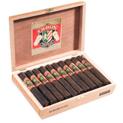 Chavon Maduro Churchill Cigars 20 Ct. Box, open wooden box containing 20 Maduro Churchill cigars with colorful labels.