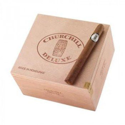 Churchill Deluxe by Caribe Churchill Cigars 50Ct. Box, wooden cigar box with Churchill Deluxe logo and a single cigar placed on top.
