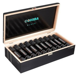 General Cigar Cohiba Black Gigante Cigars 20Ct. Box, an open black and beige cigar box containing twenty black cigars with silver and white branding.