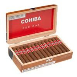 General Cigar Cohiba Red Dot Corona Minor Cigars 25CT Box, open wooden cigar box containing 25 cigars with red and gold labels. General Cigar Cohiba Red Dot Corona Minor Cigars 25CT Box, open wooden cigar box containing 25 cigars with red and gold labels.