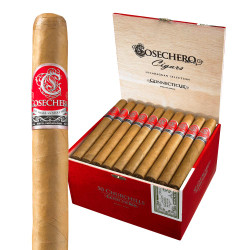 Cosechero Connecticut Churchill Cigars 50Ct. Box, a wooden box filled with 50 cigars with red and silver labels, and an individual cigar with a similar red and silver band. Cosechero Connecticut Churchill Cigars 50Ct. Box, a wooden box filled with 50 cigars with red and silver labels, and an individual cigar with a similar red and silver band.