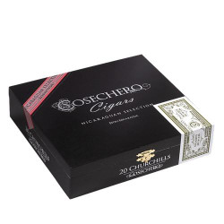 Cosechero Connecticut Churchill Cigars 20Ct. Box, premium black cigarette box with gold and white accents and a red seal, featuring the cigar brand name and logo.