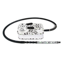 RIP Boxx Acrylic Tabletop Hookah with LED Ballerz, featuring a clear acrylic body decorated with dollar bill patterns, a metal bowl, and a flexible hose with matching dollar bill design, ideal for stylish smoking sessions.