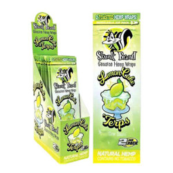Skunk Brand Terpene Infused Hemp Wraps Lemon Cake, green and yellow packaging with lemon cake illustration and product branding.