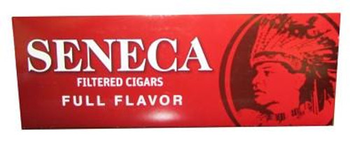 Seneca Manufacturing Seneca Filtered Cigars Full Flavor (Natural), packaging box with red background and the Seneca logo featuring a profile of a man in a headdress. Seneca Manufacturing Seneca Filtered Cigars Full Flavor (Natural), packaging box with red background and the Seneca logo featuring a profile of a man in a headdress.