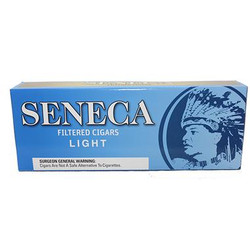 Seneca Manufacturing Seneca Filtered Cigars Light 10/20 Pack, blue packaging box with Seneca logo and native-style illustration Seneca Manufacturing Seneca Filtered Cigars Light 10/20 Pack, blue packaging box with Seneca logo and native-style illustration