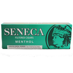 Seneca Manufacturing Seneca Filtered Cigars Menthol, green and black cigarette pack featuring a bearded man wearing a medieval helmet. Seneca Manufacturing Seneca Filtered Cigars Menthol, green and black cigarette pack featuring a bearded man wearing a medieval helmet.