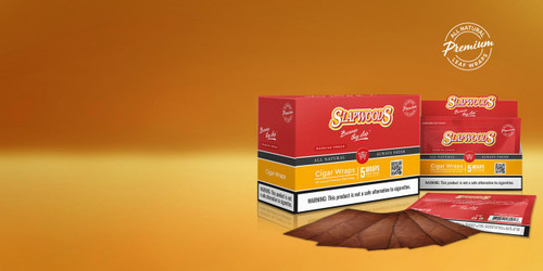 Slapwoods Natural Leaf Russian Cream Cigar Wraps 50ct, product packaging with dry cigar wraps and leaves laid out in front.