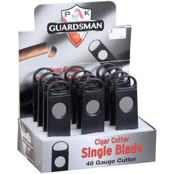 PK Guardsman Black 48 Gauge Cigar Cutter 12 Pack Display, black cigar cutters with black handles arranged in a display box.