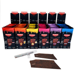 PackWraps x Twisted Hemp All In One Wrap Kit - 6 Flavors, assortment of flavored hemp wraps in black packaging with vibrant color accents, plus a glass and roller for rolling.