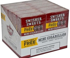 Swisher International Swisher Sweets Mini Cigarillos Regular B1G1 Pack, product display of mini cigarillos in their packaging Swisher International Swisher Sweets Mini Cigarillos Regular B1G1 Pack, product display of mini cigarillos in their packaging