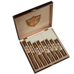 Ave Maria Cigars Sampler 8Ct, wooden cigar box containing eight cigars with decorative labels, inside view showing the cigars neatly arranged. Ave Maria Cigars Sampler 8Ct, wooden cigar box containing eight cigars with decorative labels, inside view showing the cigars neatly arranged.