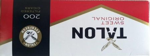 Scandinavian Tobacco Talon Filtered Cigars Sweet Original, packaging box with red, white, and black design featuring a golden foil strip and a logo with a crossed sword and a circular emblem.
