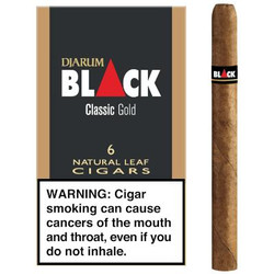 Kretek International Djarum Black Classic Cigars 10 Packs of 6, a box of black and gold packaging with a single cigar shown beside it with a warning label about smoking health risks. Kretek International Djarum Black Classic Cigars 10 Packs of 6, a box of black and gold packaging with a single cigar shown beside it with a warning label about smoking health risks.