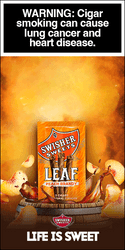 Swisher International Swisher Sweets Leaf Cigar Peach Brandy 30Ct, a pack of flavored cigars with a vibrant orange and yellow background and peach slices around it.
