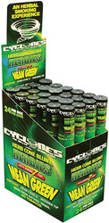 Show Cigars Cyclones Herb Cone Blunt Mean Green 24ct, display of herbal cones in black containers with green and yellow labels, inside a green and black display box.