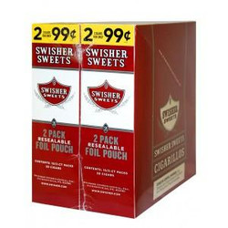 Swisher International Swisher Sweets Cigarillos Foil Regular 30 Pouches of 2, retail display box showing two packs of cigarillos in foil pouches. Swisher International Swisher Sweets Cigarillos Foil Regular 30 Pouches of 2, retail display box showing two packs of cigarillos in foil pouches.
