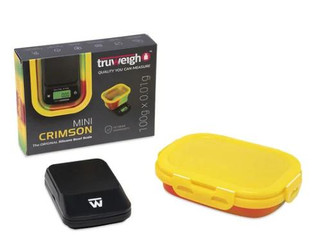 TRUWEIGH MINI CRIMSON COLLAPSIBLE BOWL SCALE, image showing a compact black digital scale with a yellow collapsible silicone bowl for precise measurements.