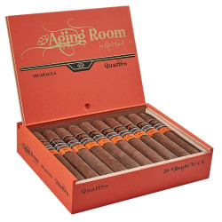 Aging Room Quattro Nicaraguan Cigars 20Ct. Box, an open red box containing 20 cigars neatly arranged inside. Aging Room Quattro Nicaraguan Cigars 20Ct. Box, an open red box containing 20 cigars neatly arranged inside.
