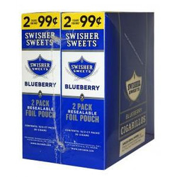 Swisher International Swisher Sweets Cigarillos Foil Blueberry, two packs of 2 foil pouch cigarillos in blue packaging with blueberry flavor. Swisher International Swisher Sweets Cigarillos Foil Blueberry, two packs of 2 foil pouch cigarillos in blue packaging with blueberry flavor.
