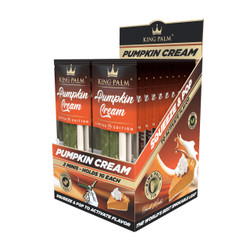 King Palm Pumpkin Cream Minis Rolls 20/2Pk, display box with individually wrapped mini rolls featuring pumpkin cream flavor and natural leaf wraps.