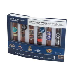 Altadis AJ Fernandez Taste Of Nicaragua Cigar Sampler 6 Ct., product packaging with six cigars visible through a clear window. Altadis AJ Fernandez Taste Of Nicaragua Cigar Sampler 6 Ct., product packaging with six cigars visible through a clear window.