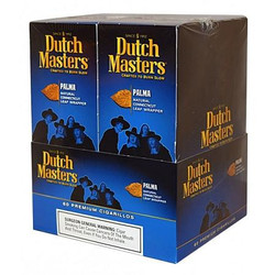 Dutch Masters Cigarillos Palma Foil 20 Pouches of 3, product packaging showing blue and black boxes with the Dutch Masters logo and group silhouette, designed for smoking enthusiasts. Dutch Masters Cigarillos Palma Foil 20 Pouches of 3, product packaging showing blue and black boxes with the Dutch Masters logo and group silhouette, designed for smoking enthusiasts.