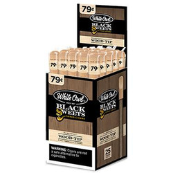 Swedish Match White Owl Black Sweets Tip Cigars 25Ct, a display box containing 25 individually wrapped black sweets tip cigars with a black and beige packaging design. Swedish Match White Owl Black Sweets Tip Cigars 25Ct, a display box containing 25 individually wrapped black sweets tip cigars with a black and beige packaging design.