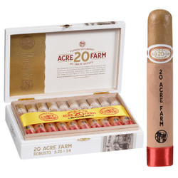 Acid 20 Acre Farm By Drew Estate Cigars, box of 20 cigars with a single cigar standing upright, featuring a brown wrapper and a label with the product name and logo. Acid 20 Acre Farm By Drew Estate Cigars, box of 20 cigars with a single cigar standing upright, featuring a brown wrapper and a label with the product name and logo.