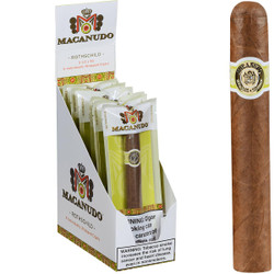 Punch Macanudo Cafe Cigars Freshness Pack Rothschild, a box of individually wrapped cigars with a detailed logo, and one unwrapped cigar showing its brown wrapper.