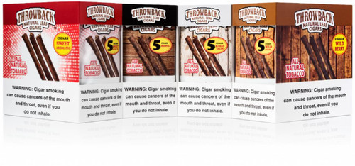 Throwback Natural Leaf Cigars Throwback Cigars 24Ct Display, array of cigar boxes with various flavors and warning labels. Throwback Natural Leaf Cigars Throwback Cigars 24Ct Display, array of cigar boxes with various flavors and warning labels.