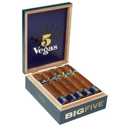 5 Vegas Big Five Gordo Cigars 10Ct. Box, A wooden box containing ten cigars with blue and gold bands, open to show the cigars inside. 5 Vegas Big Five Gordo Cigars 10Ct. Box, A wooden box containing ten cigars with blue and gold bands, open to show the cigars inside.