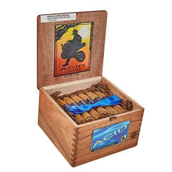 Drew Estate ACID Cigars by Drew Estate Blondie Belicoso 24Ct. Box, wooden cigar humidor with open lid showcasing cigars inside and ACID branding on the front.