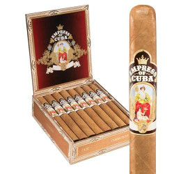 AJ Fernandez Empress Of Cuba Connecticut Churchill Cigars 16Ct. Box, image of a open cigar box containing 16 cigars with detailed labels and an individual cigar showing the wrapper design. AJ Fernandez Empress Of Cuba Connecticut Churchill Cigars 16Ct. Box, image of a open cigar box containing 16 cigars with detailed labels and an individual cigar showing the wrapper design.