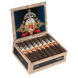 AJ Fernandez Empress Of Cuba Maduro Robusto Cigars 16Ct. Box, opened cigar box showcasing 16 Maduro robusto cigars with decorative labels inside a stylish packaging. AJ Fernandez Empress Of Cuba Maduro Robusto Cigars 16Ct. Box, opened cigar box showcasing 16 Maduro robusto cigars with decorative labels inside a stylish packaging.