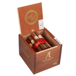 AJ Fernandez Last Call Habano by AJ Fernandez Geniales Cigars 20 Count Box, unopened wooden cigar box with cigars arranged inside, featuring band labels and a red seal. AJ Fernandez Last Call Habano by AJ Fernandez Geniales Cigars 20 Count Box, unopened wooden cigar box with cigars arranged inside, featuring band labels and a red seal.