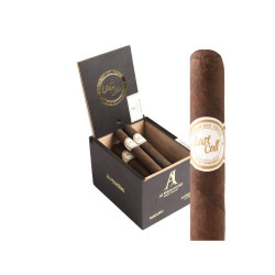 AJ Fernandez Last Call Maduro by AJ Fernandez Pequenas Cigars 25Ct. Box, featuring a black box with four cigars inside and a close-up of one cigar with a gold and white label.