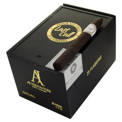 AJ Fernandez Last Call Maduro by AJ Fernandez Flaquitas Cigars 25Ct. Box, black packaging with gold and white branding and a single smoked cigar on top.