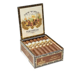 AJ Fernandez New World Puro Especial by AJ Fernandez Short Churchill Cigars 20Ct. Box, a product image showing a decorative box filled with 20 cigars with white and gold bands. AJ Fernandez New World Puro Especial by AJ Fernandez Short Churchill Cigars 20Ct. Box, a product image showing a decorative box filled with 20 cigars with white and gold bands.