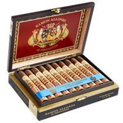 AJ Fernandez Ramon Allones Robusto Cigars 20 Ct. Box, open cigar box displaying 20 cigars with branded bands, arranged neatly with a red and gold interior design. AJ Fernandez Ramon Allones Robusto Cigars 20 Ct. Box, open cigar box displaying 20 cigars with branded bands, arranged neatly with a red and gold interior design.