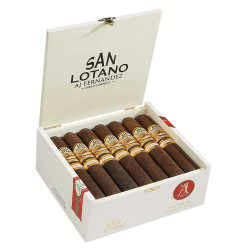 AJ Fernandez San Lotano Oval Maduro Gordo Cigars 20Ct. Box, a white wooden cigar box opened to display ten cigars with dark Maduro wrappers and gold and white bands, featuring the San Lotano branding.
